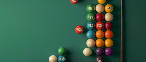 A standard pool table setup with a green cloth, numbered balls, and a cue ready for a game of 8-ball.Triangle formation implies game about to begin.