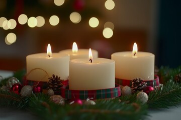 Christmas candles with red and green plaid ribbon on wreath-decorated table, warm light, blurred background of festive lights.