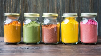 Colorful jars filled with various spices on a wooden surface, showcasing vibrant powders of different textures and shades.