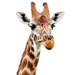 Obraz premium A majestic giraffe portrait showcasing its unique features and gentle expression. transparent background.