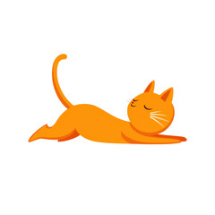 Naklejka premium A playful orange cat stretching in a relaxed pose, embodying leisure and joy. transparent background.