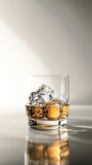 Aged whiskey with ice cubes in a chilled glass, celebration drinks, strong spirit