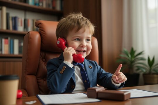 A child dressed in a suit sits at a desk in an office, joyfully talking on a red telephone. He appears engaged in an imaginative role play scenario, showcasing a cheerful expression in a modern worksp - Powered by Adobe