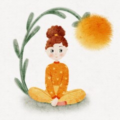 cartoon cute girl with curls hair, dandelion
