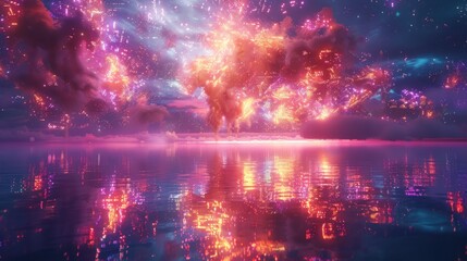 Vibrant explosion of color reflected in calm water.