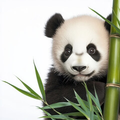 Fototapeta premium Adorable panda cub surrounded by green bamboo leaves in a serene setting. isolated on white background.