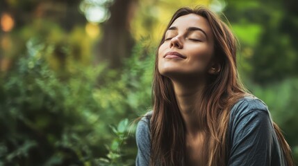Fototapeta premium A woman enjoys a peaceful moment in a lush green forest, eyes closed, embracing nature's tranquility and serenity.