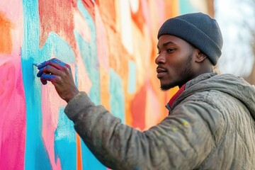 A young artist focuses intently on painting a colorful mural on a city wall. The warm sunlight enhances the bright hues as he adds details with a piece of chalk. The vibrant colors reflect creativity 