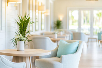 Fototapeta premium Bright and airy interior of a modern lounge with comfortable chairs and natural decor, perfect for relaxation and socializing.
