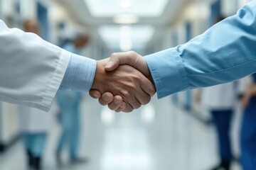 Close-up of a Confident Handshake Between Two Medical Professionals Signifying Trust and Collaboration in a Modern Hospital Environment