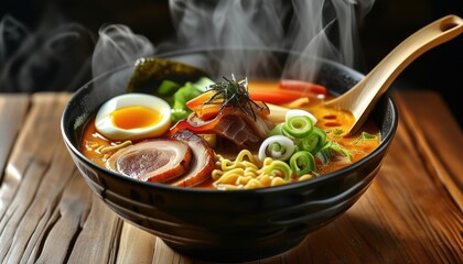 Luxurious bowl of ramen with boiled egg and vegetables, perfect for dining concepts