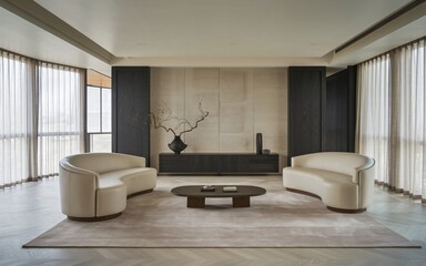a spacious and elegantly designed living room. The room contains two curved cream-colored sofas arranged around a low, dark oval coffee table