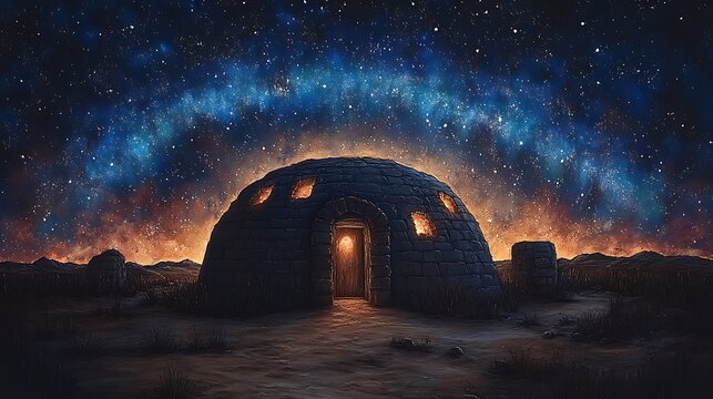 A clip art of a cozy igloo with northern lights above it on a white background