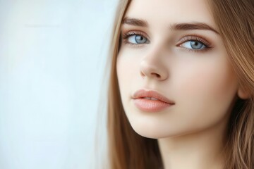 Naklejka premium A young woman poses with long straight hair and captivating blue eyes. Soft natural light enhances her features, highlighting the smooth texture of her skin and the subtle makeup that accentuates her 