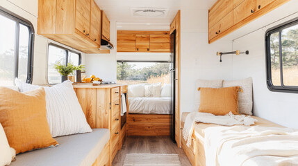 Cozy interior of a modern campervan featuring wooden decor and inviting seating areas, perfect for travel and relaxation.