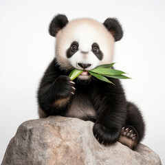 Fototapeta premium Cute panda munching on bamboo while perched on a rock, showcasing its playful nature. isolated on white background.