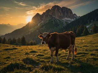 Cow grazing at sunset in the Dolomites, Italy.