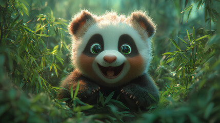 Obraz premium A cute panda cub smiling amid lush bamboo foliage.