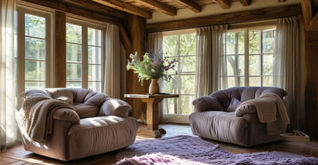 Fototapeta premium Cozy rustic living room with plush armchairs and natural light