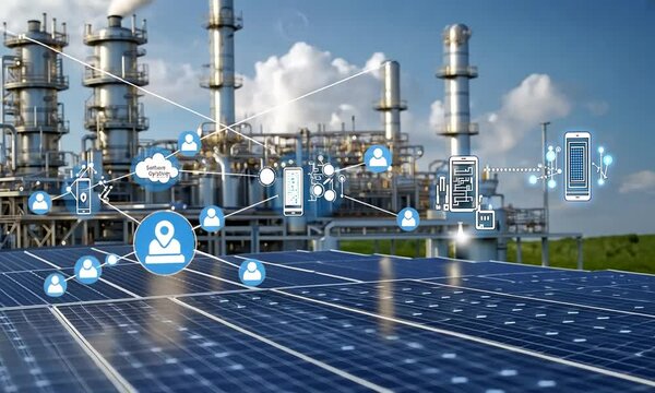 Solar panels capture sunlight while an industrial facility showcases renewable energy technology and innovation against a blue sky