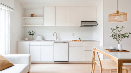Fototapeta premium Modern kitchen interior design featuring white cabinets, stainless steel appliances, and a cozy dining area for optimal comfort.