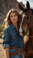 Obraz premium Cowgirl with windswept hair, standing by her horse in the desert.