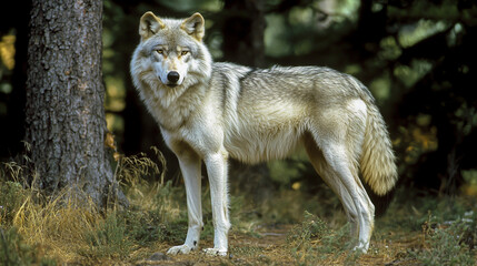 "A full-body photograph of an adult gray wolf standing in the woods, gazing directly at the camera with a majestic presence."
