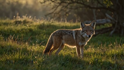 Obraz premium Coyote finding tranquility in a grassy habitat.