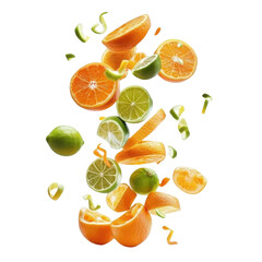 Falling citrus and orange fruits on transparent background. PNG high resolution.