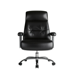 Black leather office chair with adjustable arms and high back, isolated on white. PNG transparent.