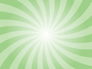 Green sunburst background. Light green radial retro glowing rays banner. Abstract retro whirlwind starburst vector abstract background. Twisted radial illustration.