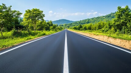 Obraz premium A newly paved asphalt road, surface smooth and clean, bright white lines marking the lanes. without people, one color background