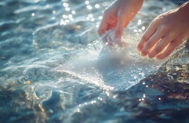 Fototapeta premium Close-up of hands placing a fine mesh filter into shimmering ocean water, surrounded by sunlight reflections and subtle waves.