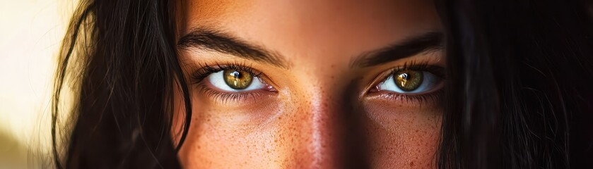 Obraz premium Close-up of captivating hazel eyes, framed by dark hair, expressing intensity and emotion in natural lighting.