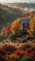 Cozy autumn scene with vibrant fall leaves and fog.