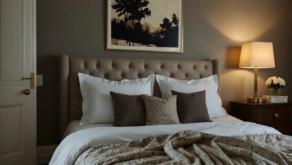 Cozy bedroom with a bed and lamp.