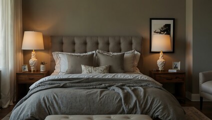 Cozy bedroom with a bed and lamp.