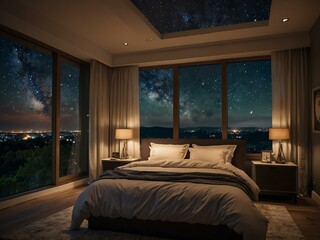 Cozy bedroom with a warm atmosphere and a view of a stunning night sky.