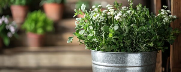 Close-up of lush, green potted plant in metal bucket on rustic wooden stairs, creating a serene garden ambiance.