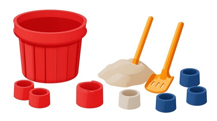 A clip art of a beach bucket and shovel filled with sand on a white background