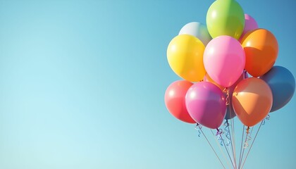 Balloons background with a cluster of colorful balloons floating against a blue sky for festive occasions
