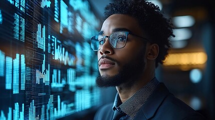 Futuristic Businessman Analyzing Global Market Trends with Holographic Data Visualization