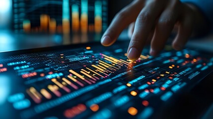 Business Professional Analyzing Glowing Financial Charts and Graphs in Mid air with Real time Data Streams