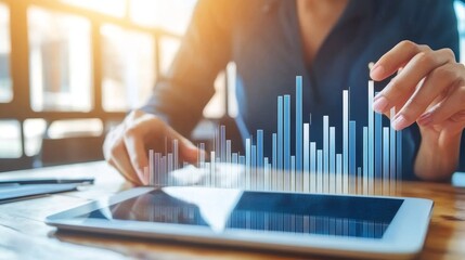 A person interacting with a tablet displaying digital graphs and data analysis.