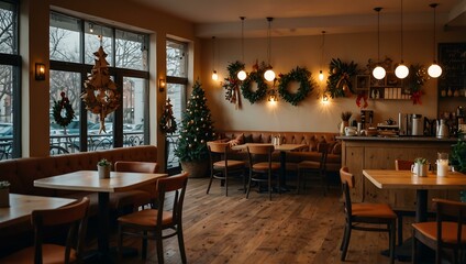 Cozy cafe interior with festive decorations.