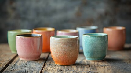 Colorful ceramic cups arranged on a rustic wooden table, showcasing an artisanal handmade design with vibrant pastel hues and textures.