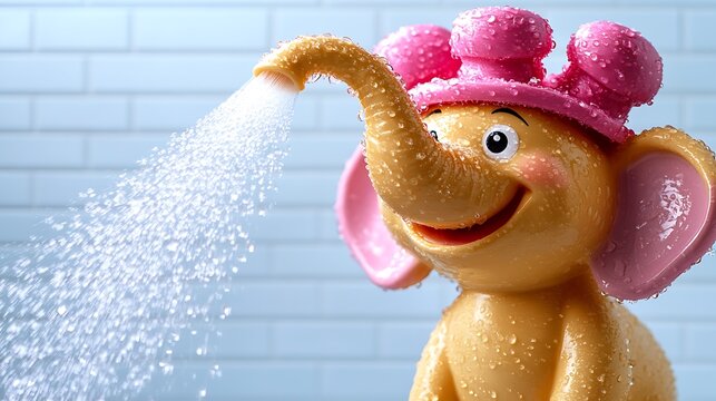 A clip art of a cheerful elephant spraying water from its trunk on a white background