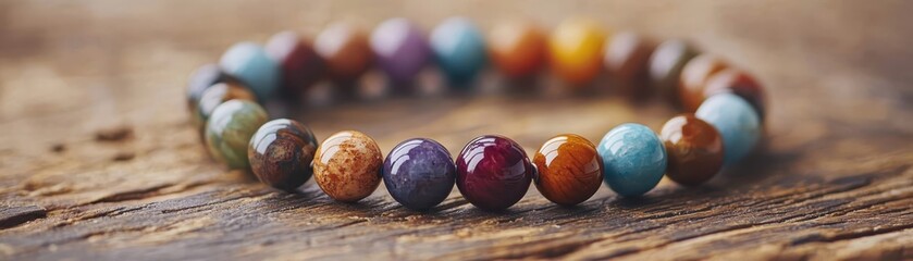Naklejka premium Colorful gemstone bracelet with round beads on rustic wooden surface, showcasing vibrant natural hues and textures for style and fashion.
