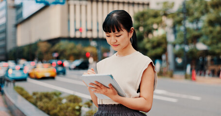 Business, japanese woman and tablet in street for online listing, urban development and networking....