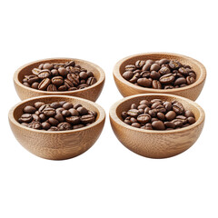 Fototapeta premium Four wooden bowls with different roasted coffee beans isolated on white background. PNG transparent.